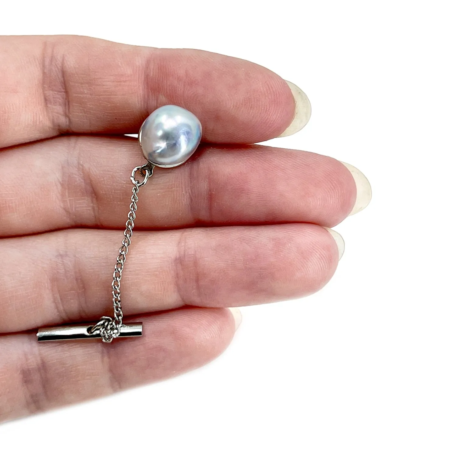 Baroque Blue Japanese Saltwater Akoya Cultured Pearl Vintage Tie Tac- Sterling Silver