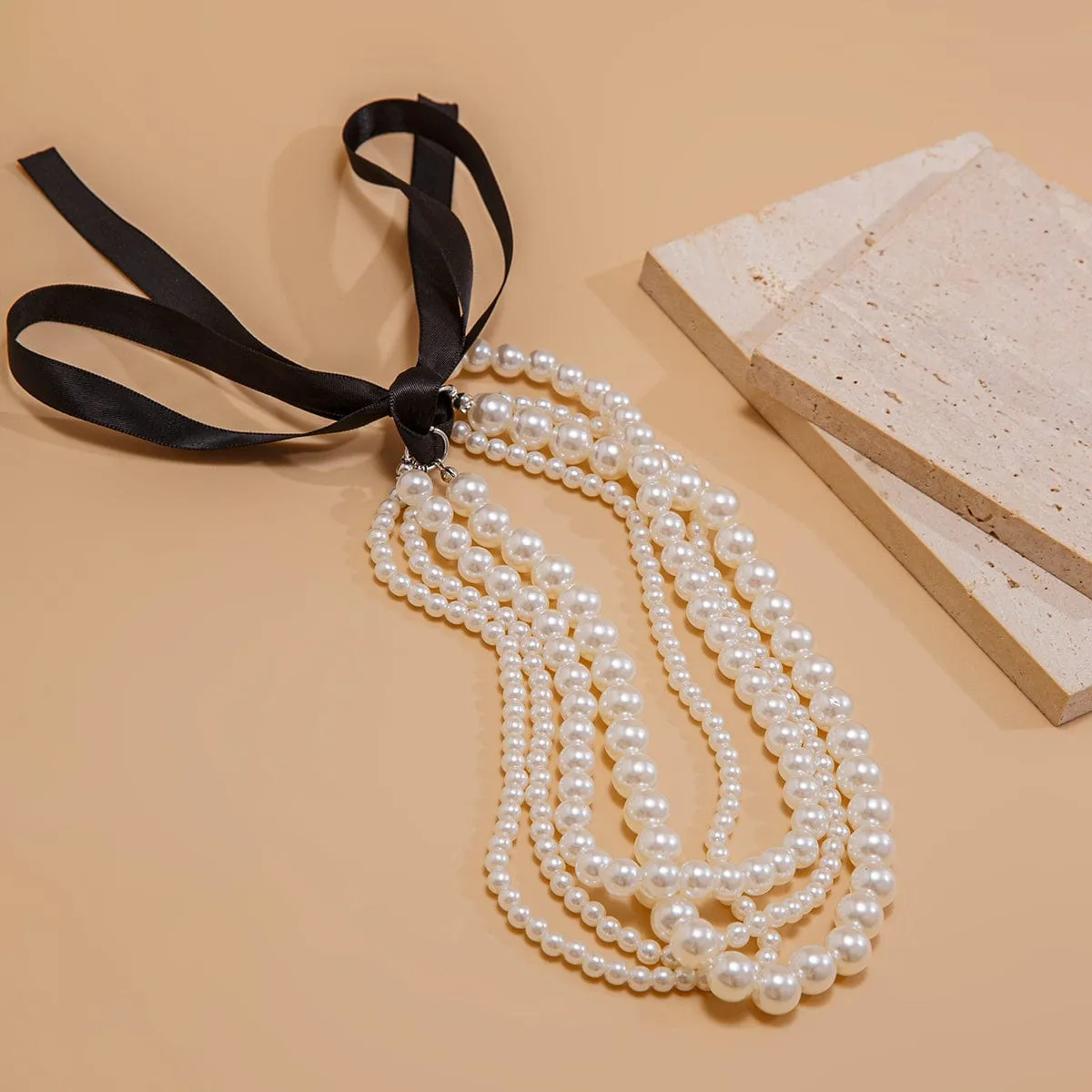Baroque Layered Ribbon Bowknot Pearl Chain Necklace
