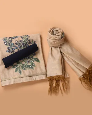 Beige With Blue Chanderi Silk Blend Woven With Embroidery Unstitched Suit Fabric Set With Chanderi Silk Dupatta
