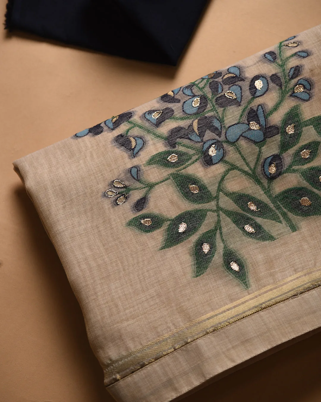 Beige With Blue Chanderi Silk Blend Woven With Embroidery Unstitched Suit Fabric Set With Chanderi Silk Dupatta