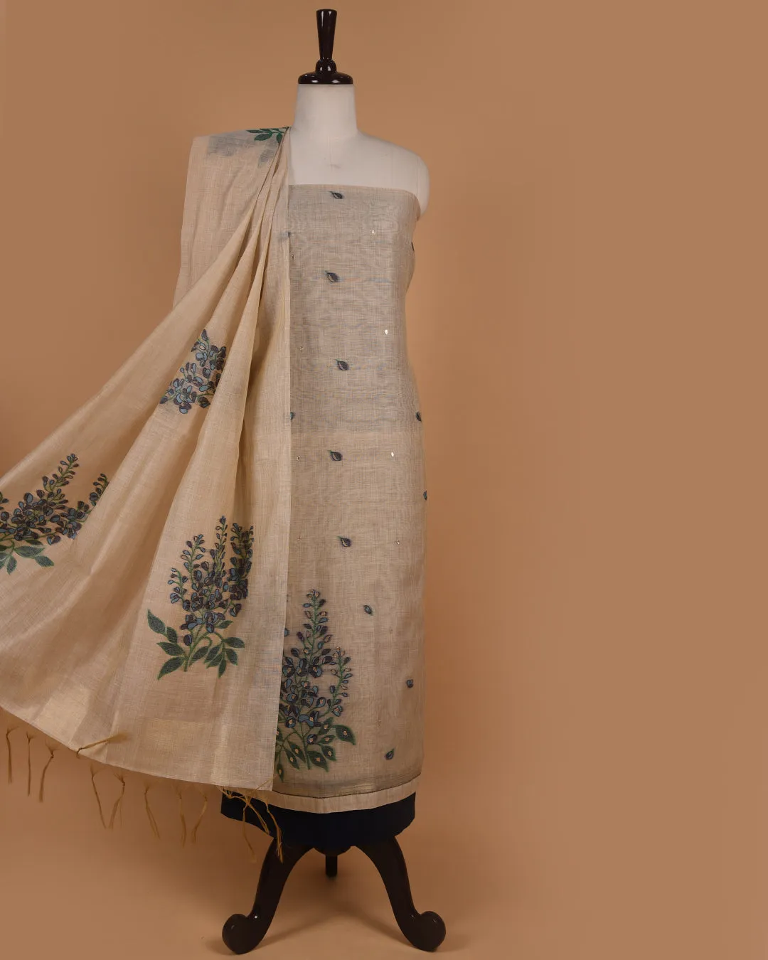 Beige With Blue Chanderi Silk Blend Woven With Embroidery Unstitched Suit Fabric Set With Chanderi Silk Dupatta