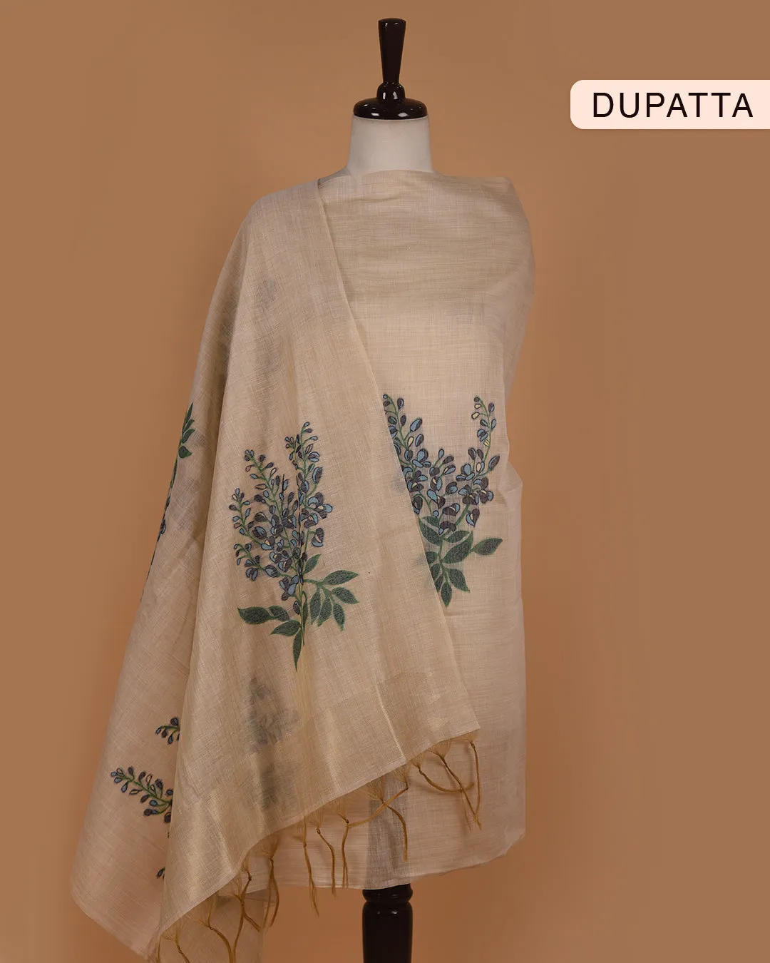 Beige With Blue Chanderi Silk Blend Woven With Embroidery Unstitched Suit Fabric Set With Chanderi Silk Dupatta