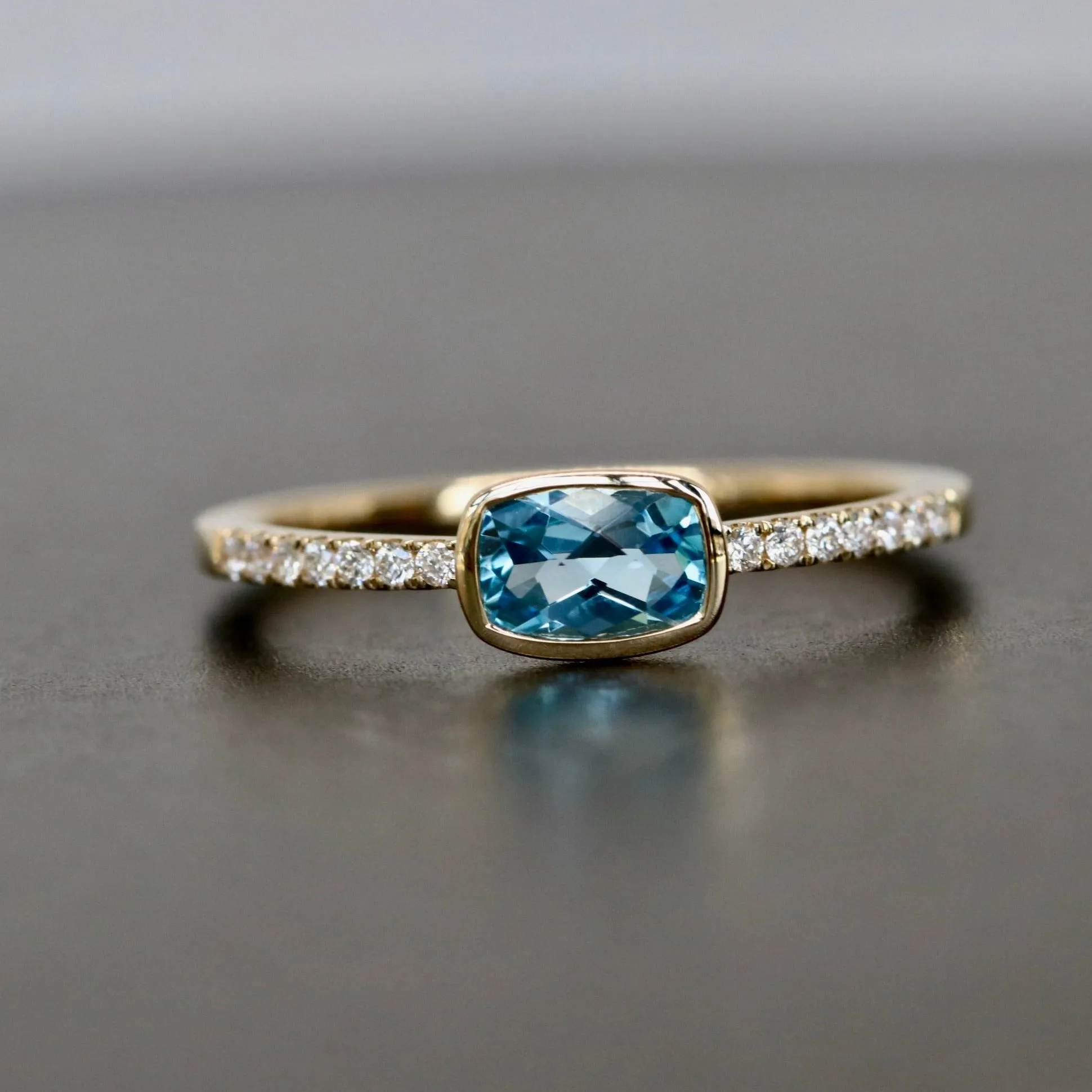 Bezel Set Blue Zircon Checkerboard Cushion Cut and Diamond ring in Solid 14k Gold