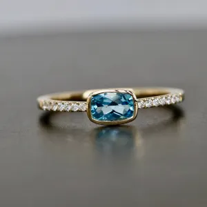 Bezel Set Blue Zircon Checkerboard Cushion Cut and Diamond ring in Solid 14k Gold