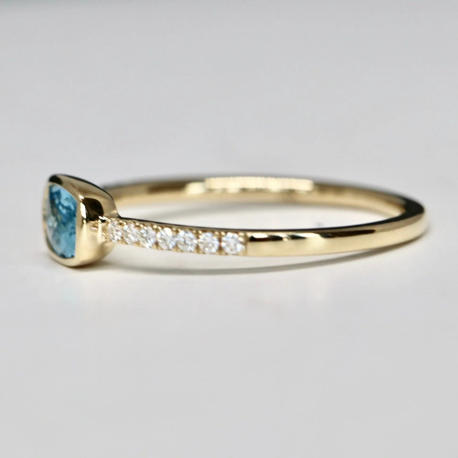 Bezel Set Blue Zircon Checkerboard Cushion Cut and Diamond ring in Solid 14k Gold