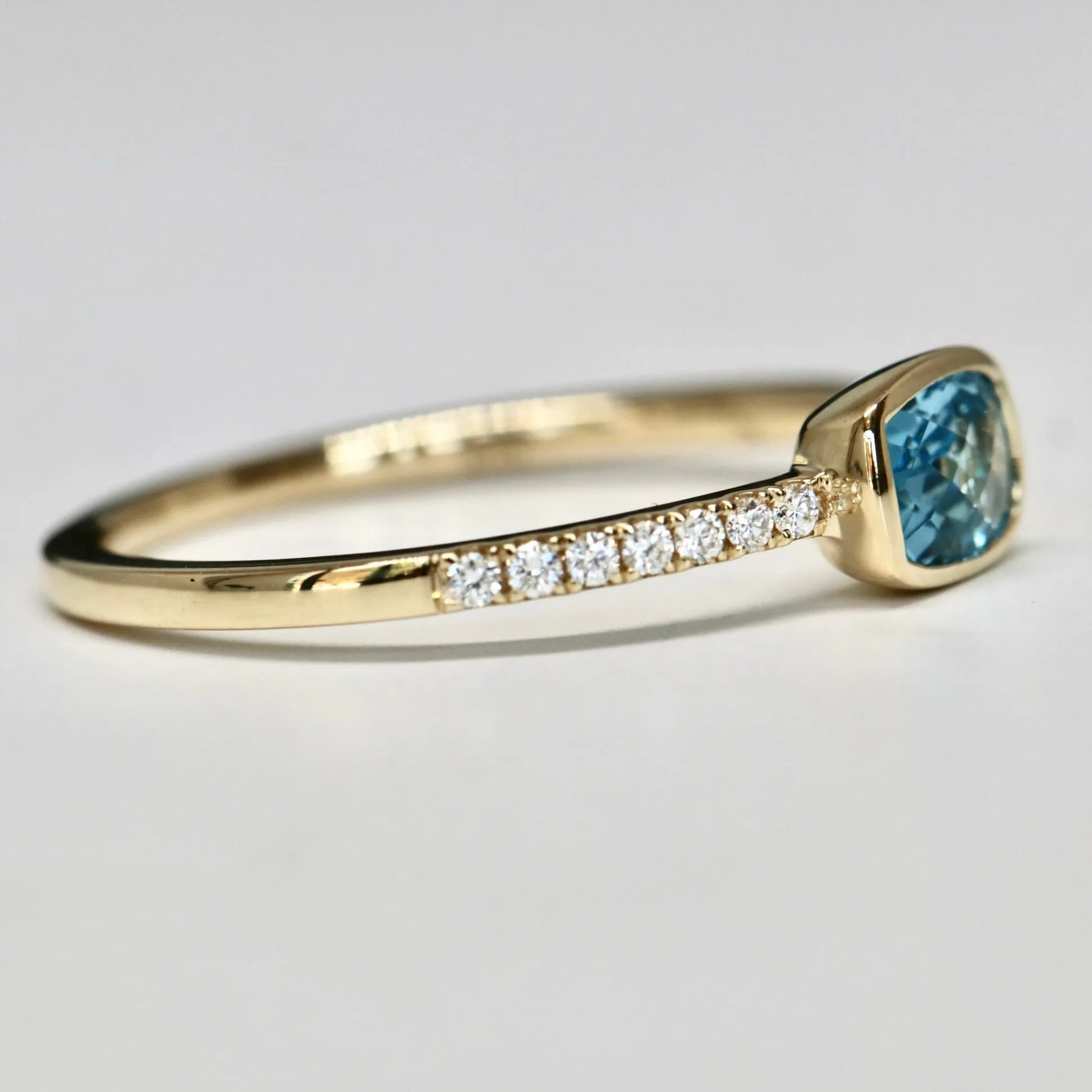 Bezel Set Blue Zircon Checkerboard Cushion Cut and Diamond ring in Solid 14k Gold