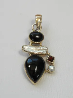 Black Onyx Pendant 3 with Garnet and Pearls
