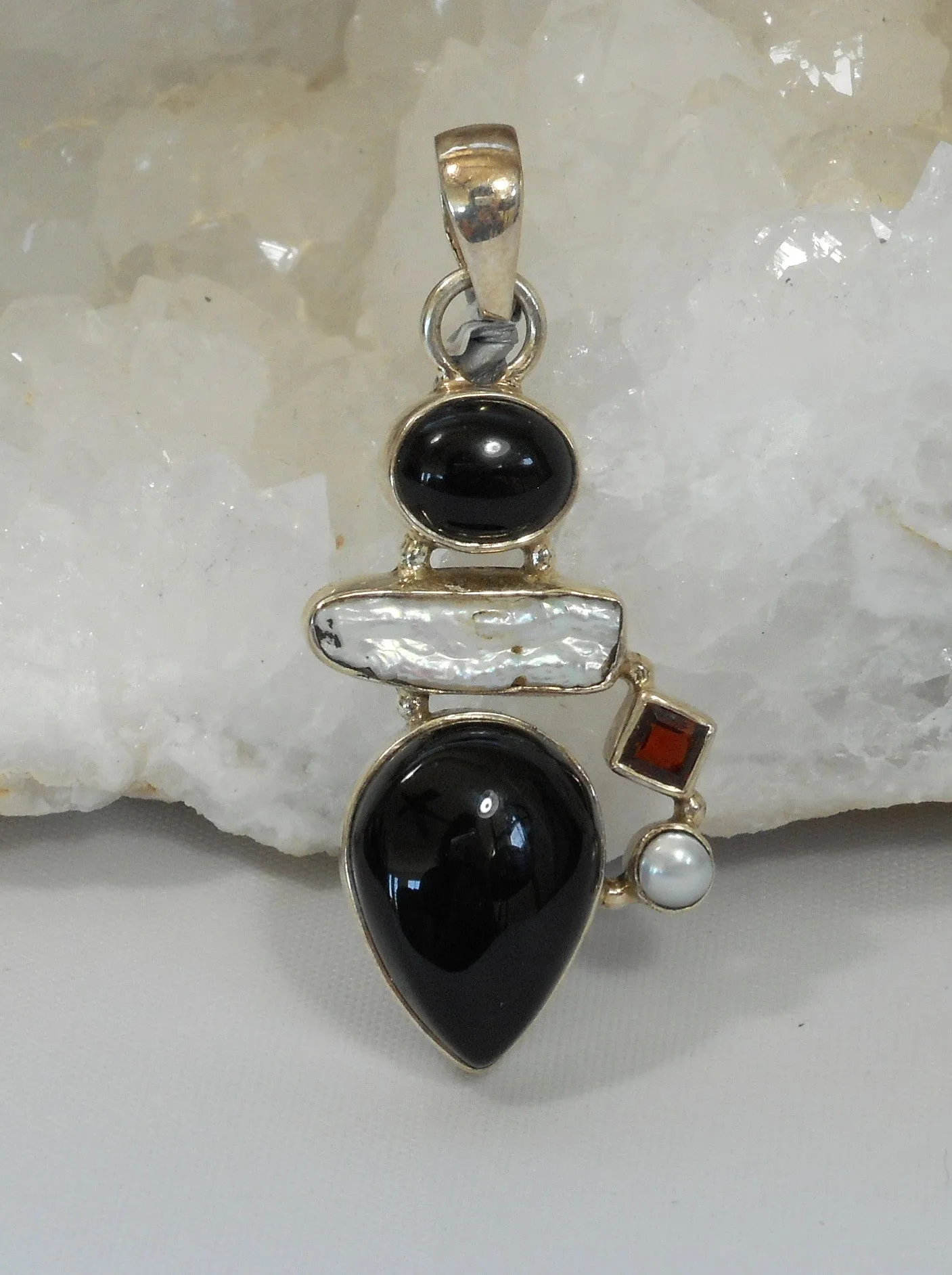 Black Onyx Pendant 3 with Garnet and Pearls
