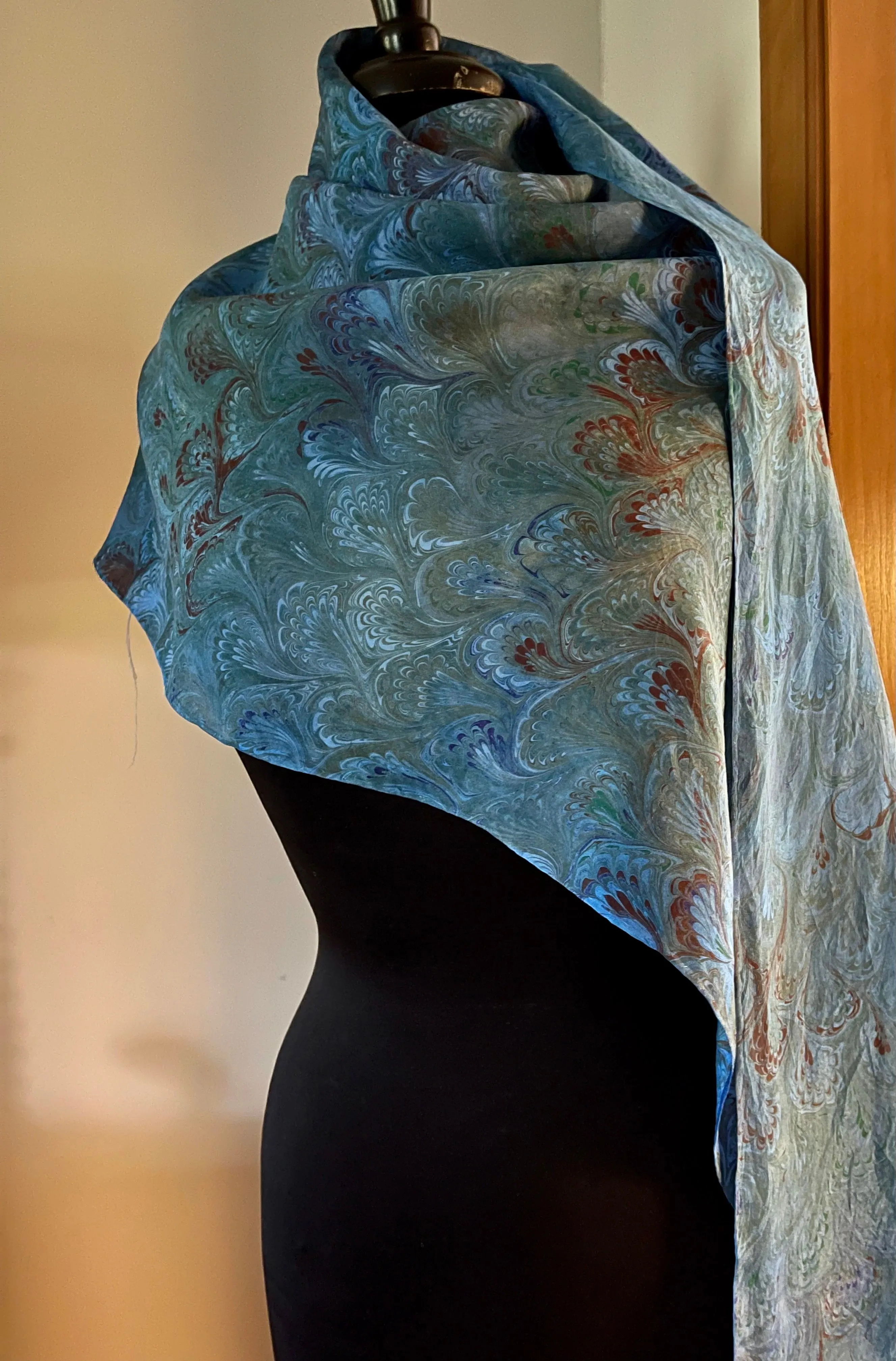 Blue Bouquet Shawl 72x22” Water marbled silk