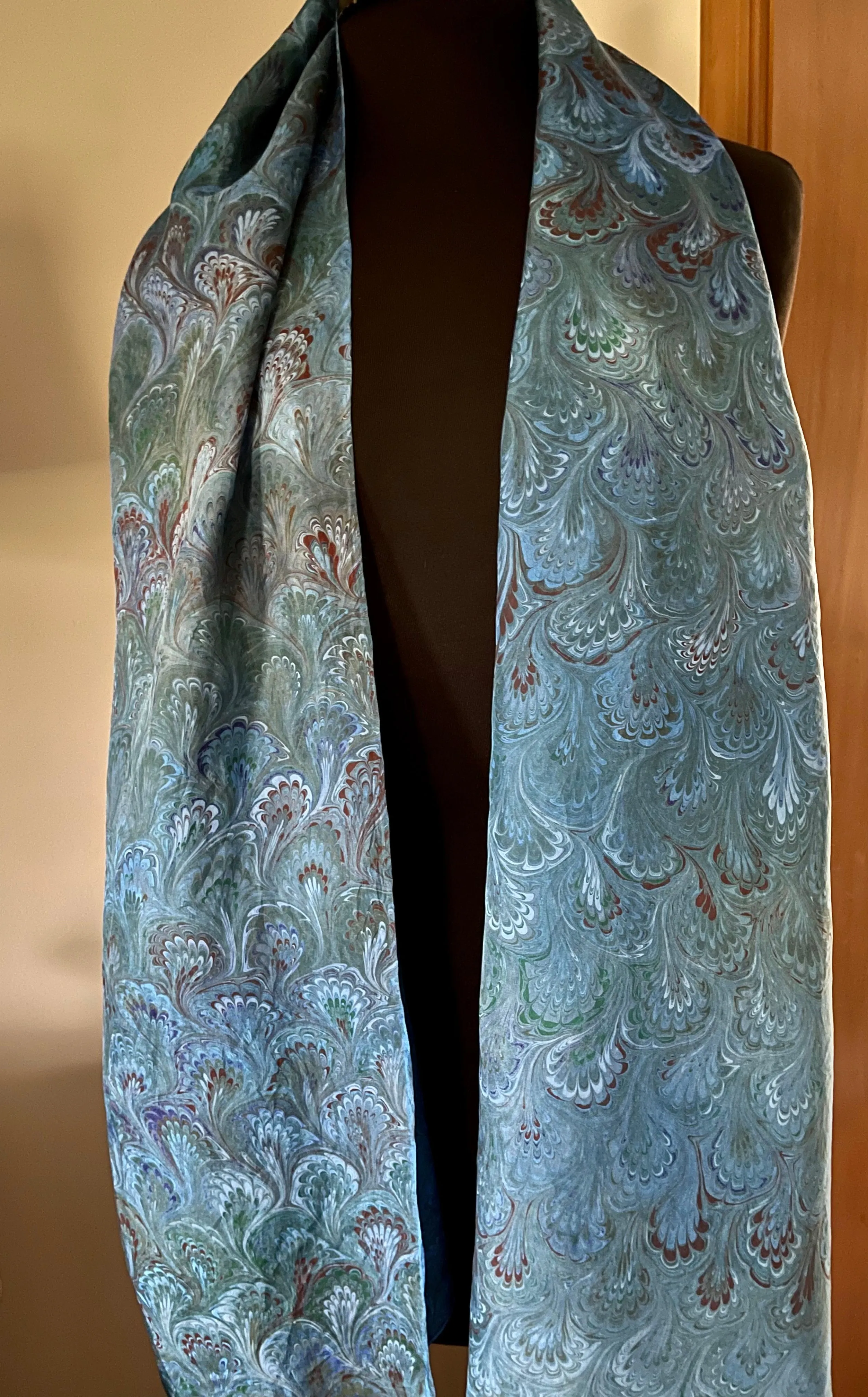 Blue Bouquet Shawl 72x22” Water marbled silk