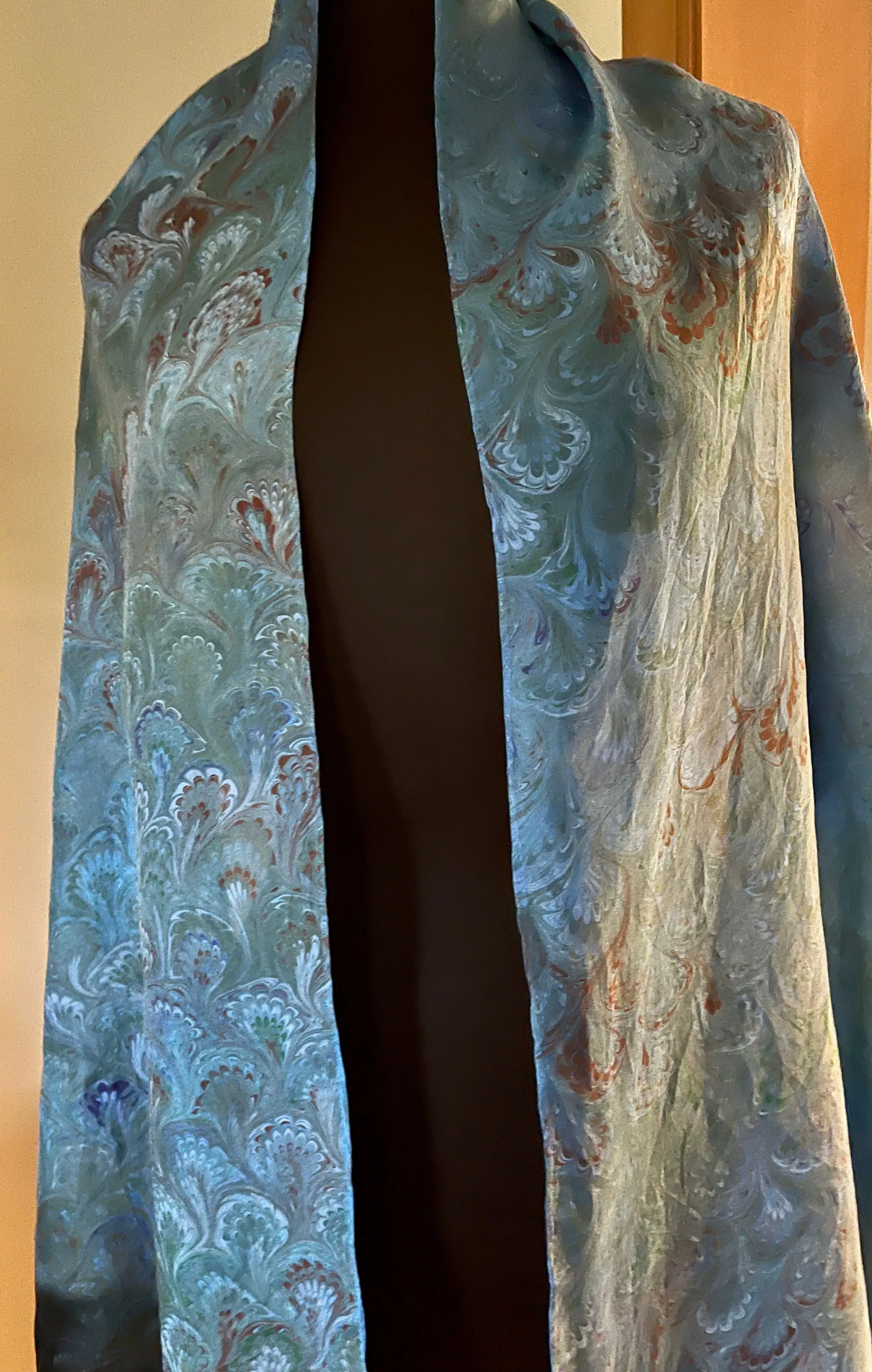 Blue Bouquet Shawl 72x22” Water marbled silk