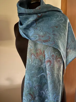 Blue Bouquet Shawl 72x22” Water marbled silk