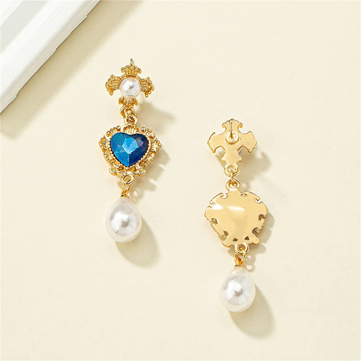 Blue Crystal & Pearl 18K Gold-Plated Floral Heart Drop Earrings