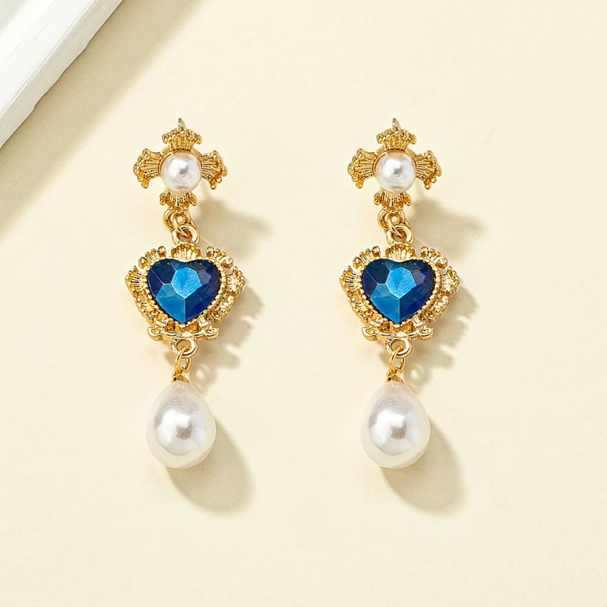 Blue Crystal & Pearl 18K Gold-Plated Floral Heart Drop Earrings