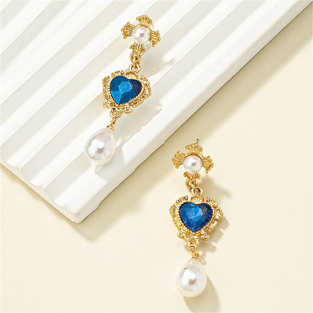 Blue Crystal & Pearl 18K Gold-Plated Floral Heart Drop Earrings