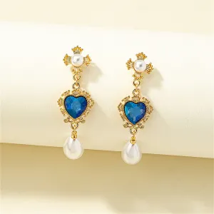 Blue Crystal & Pearl 18K Gold-Plated Floral Heart Drop Earrings
