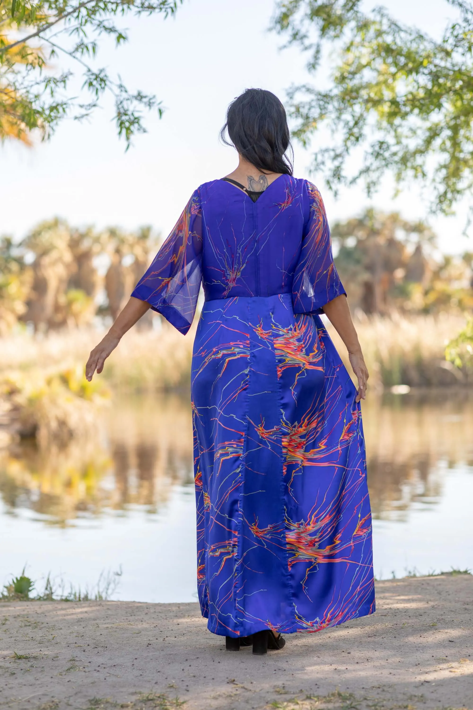 Blue Silk Chiffon Printed Gown