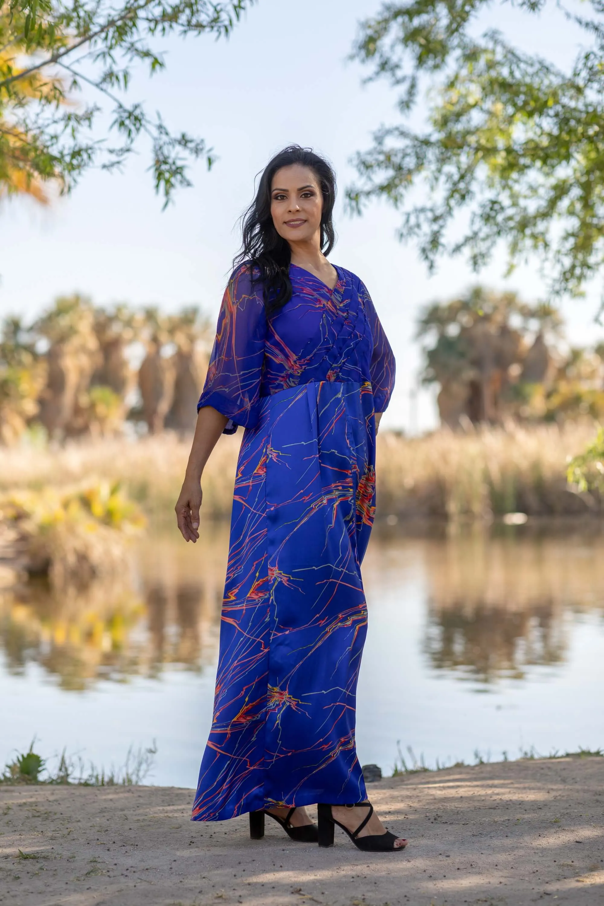 Blue Silk Chiffon Printed Gown