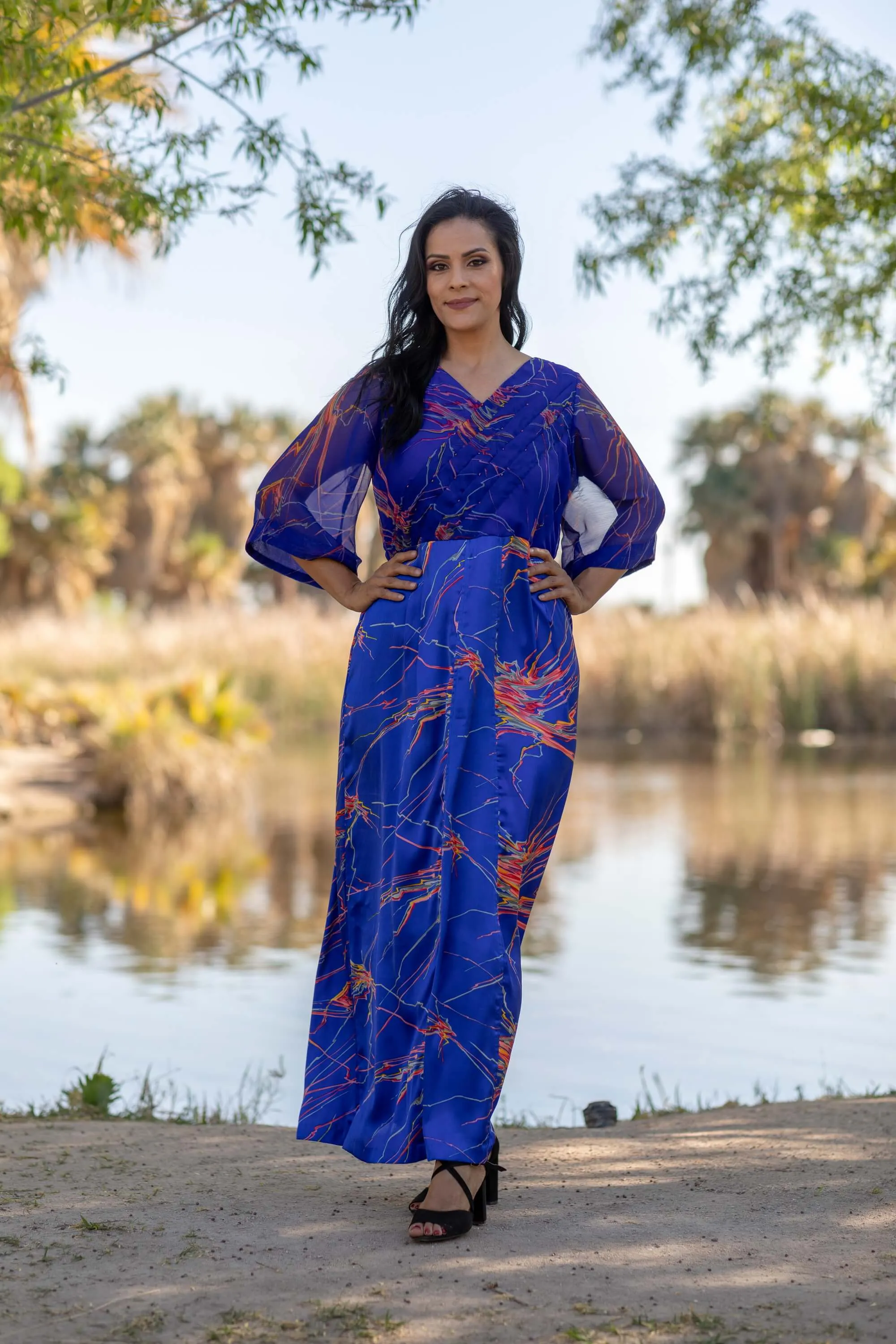 Blue Silk Chiffon Printed Gown