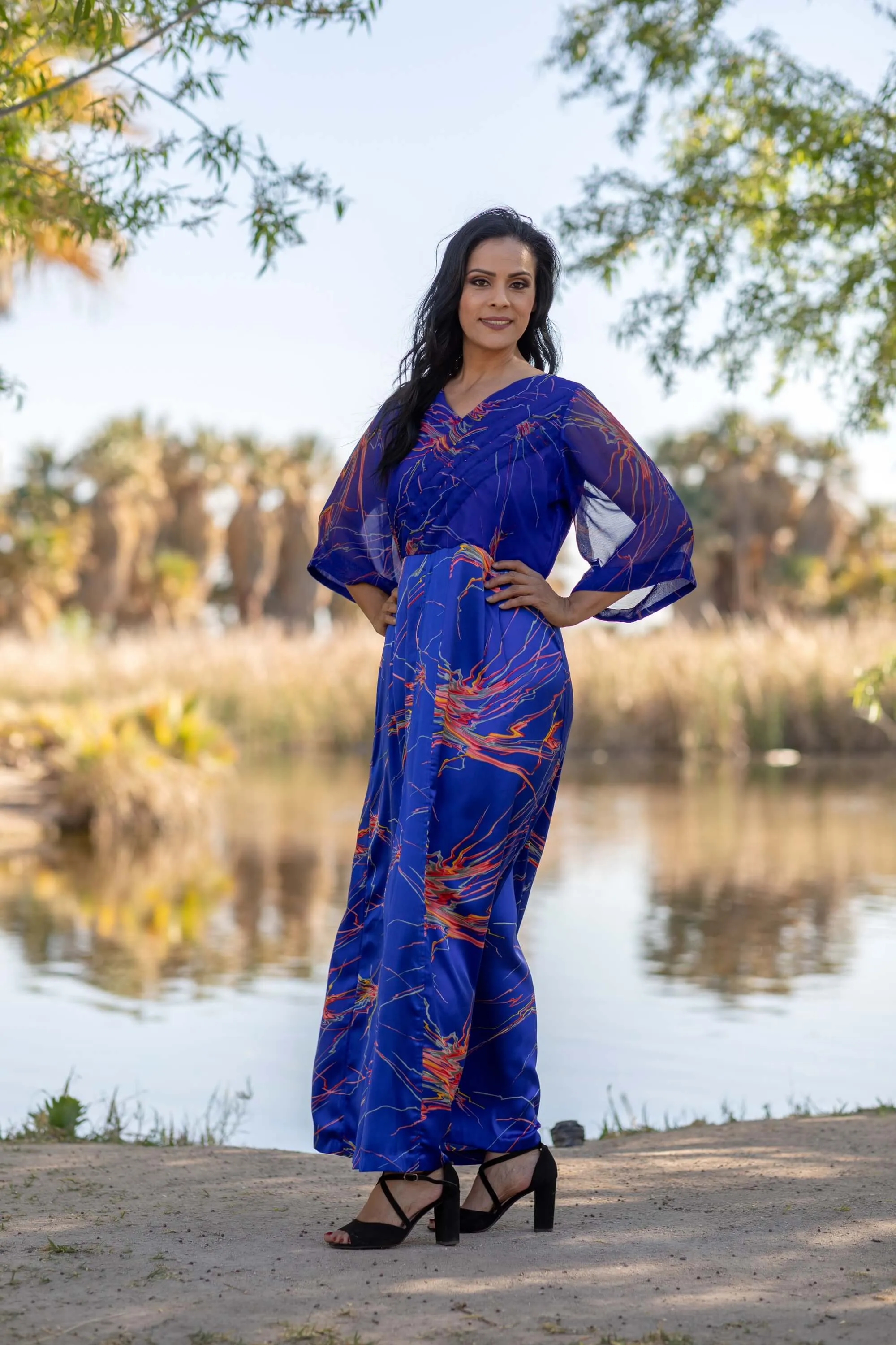 Blue Silk Chiffon Printed Gown