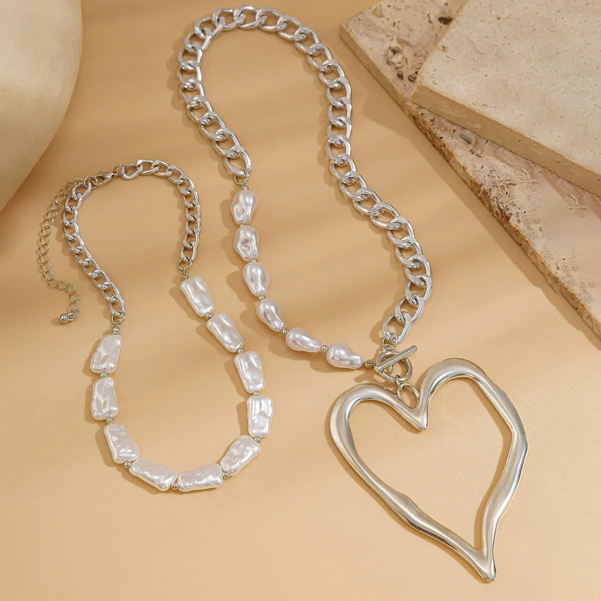Boho Layered Heart Pendant Irregular Pearl Curb Chain Choker Necklace Set