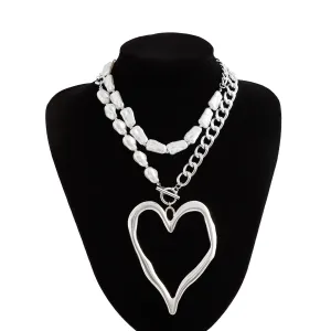 Boho Layered Heart Pendant Irregular Pearl Curb Chain Choker Necklace Set