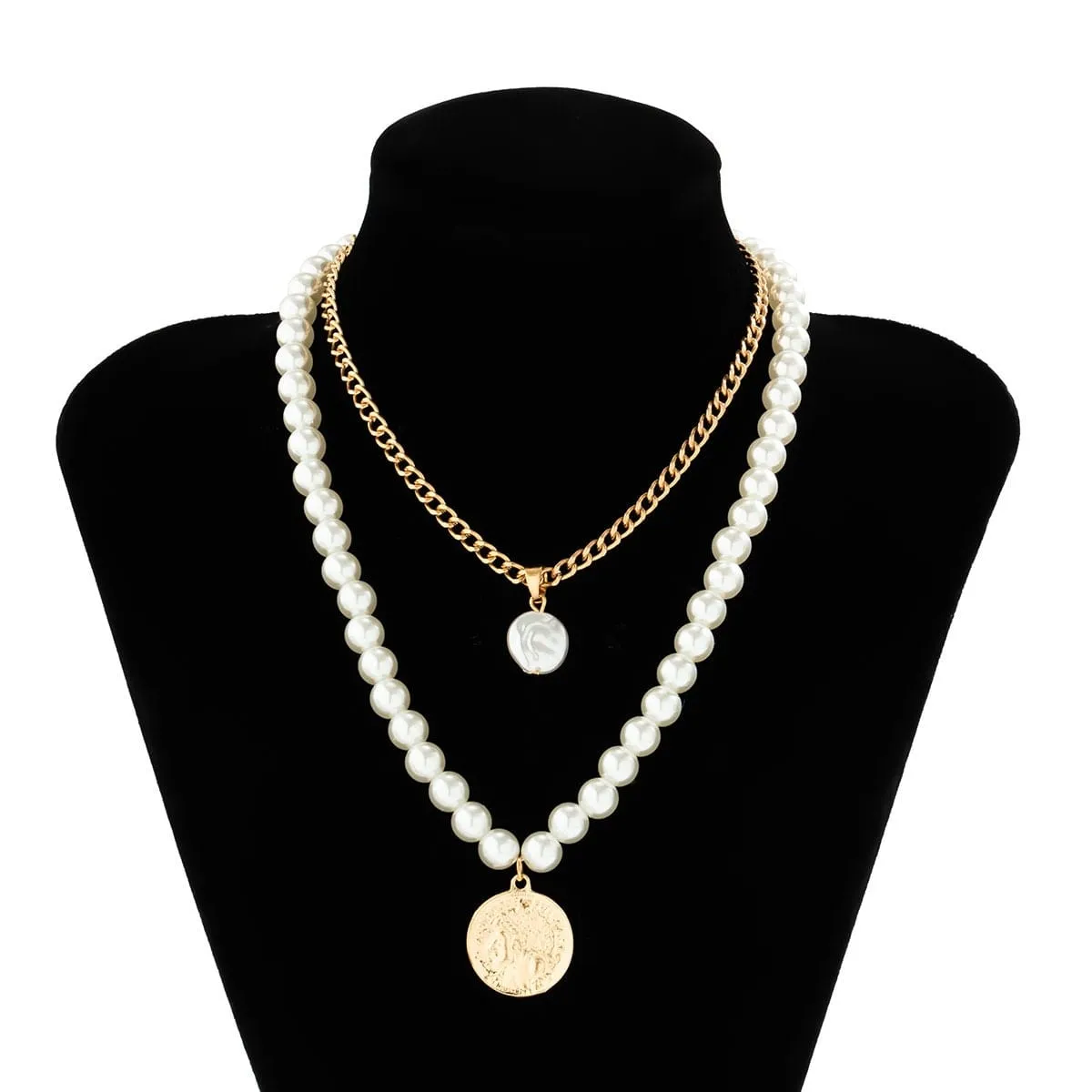 Boho Layered Round Disk Pearl Pendant Pearl Chain Choker Necklace Set