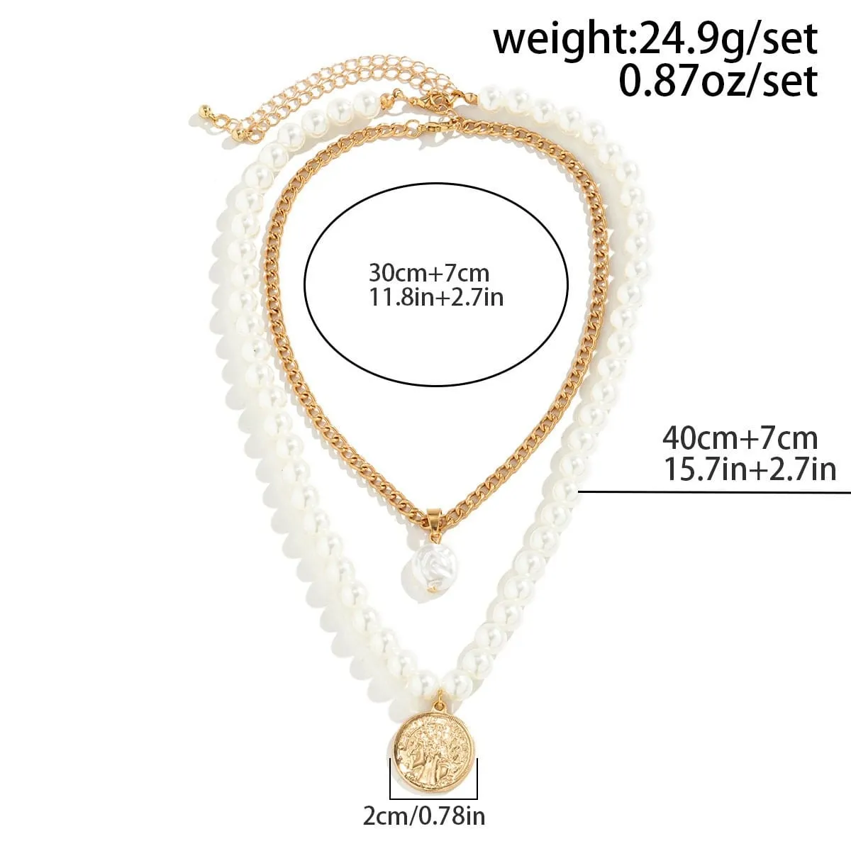 Boho Layered Round Disk Pearl Pendant Pearl Chain Choker Necklace Set