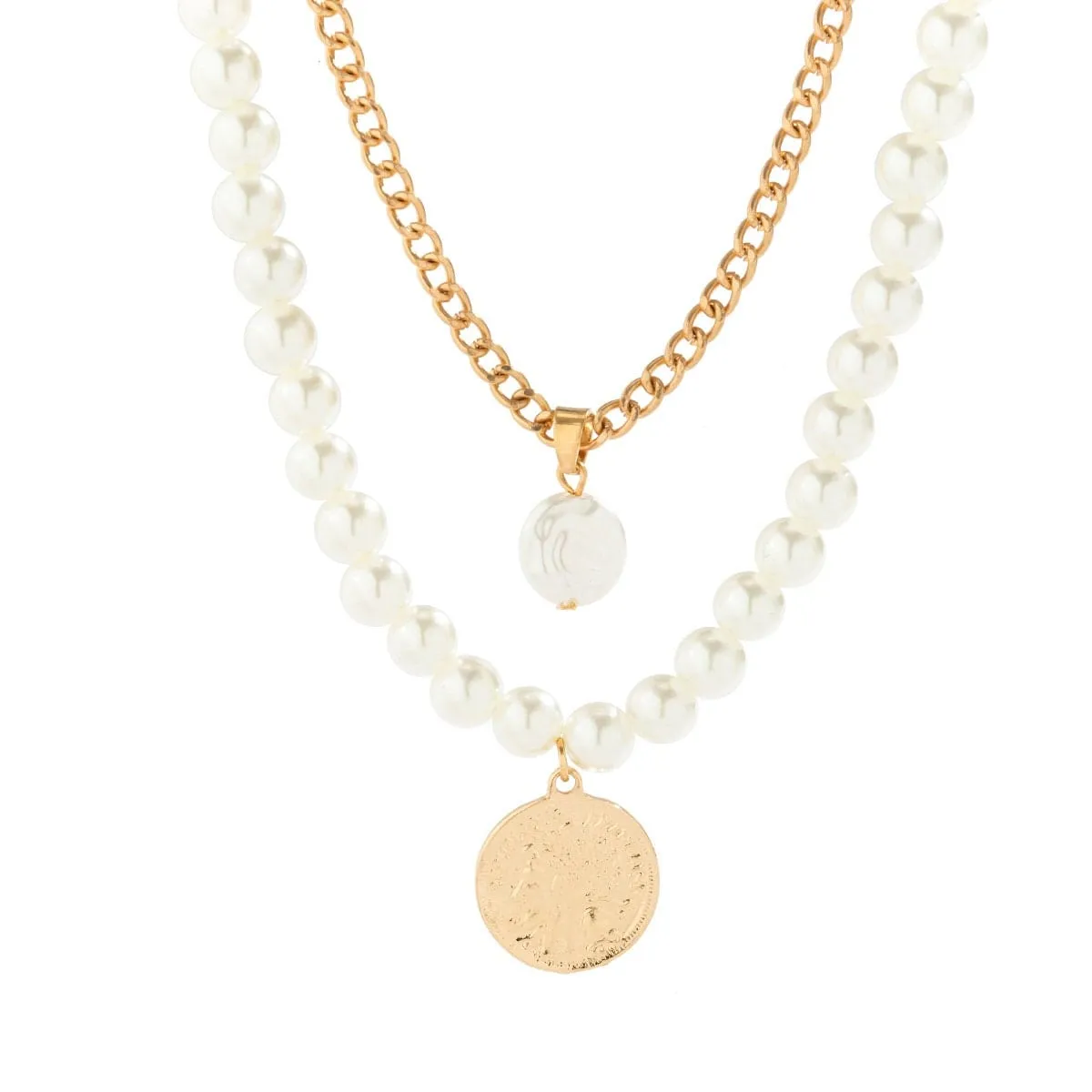 Boho Layered Round Disk Pearl Pendant Pearl Chain Choker Necklace Set