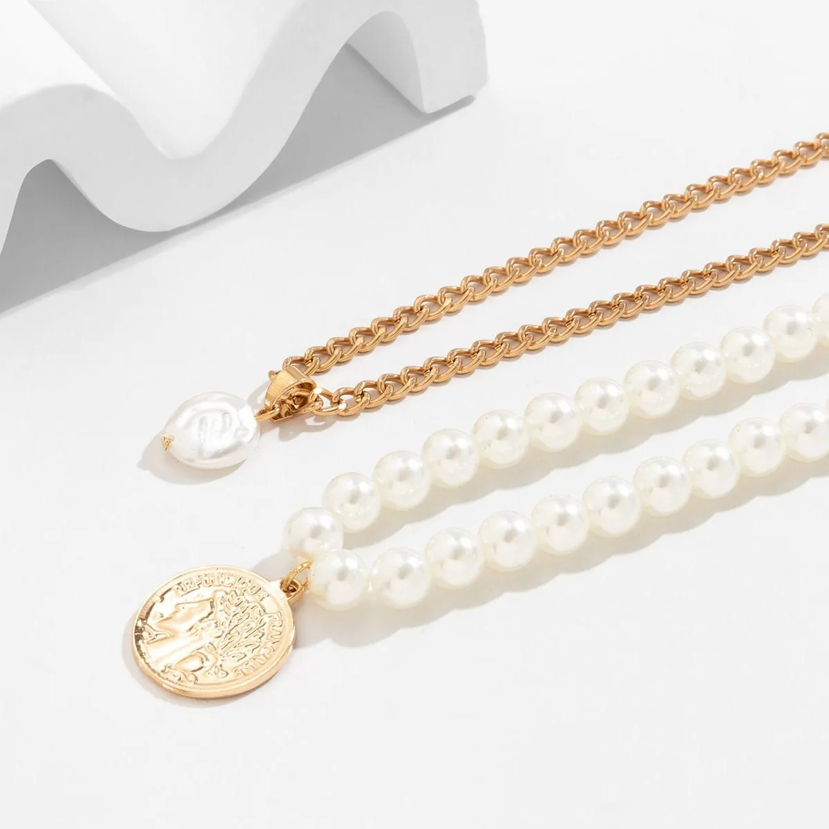 Boho Layered Round Disk Pearl Pendant Pearl Chain Choker Necklace Set
