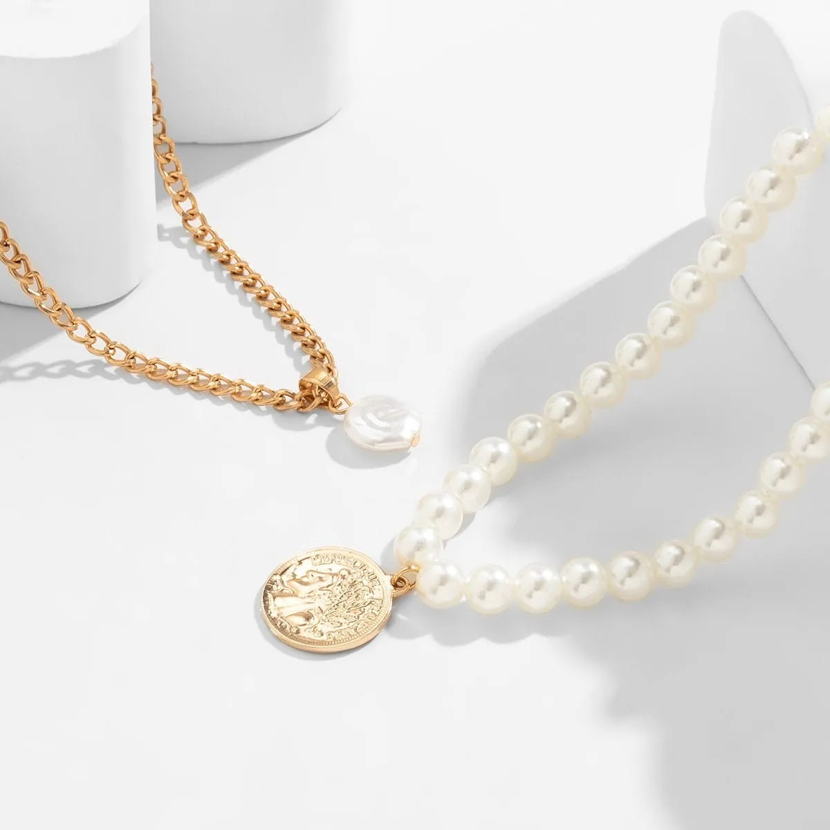 Boho Layered Round Disk Pearl Pendant Pearl Chain Choker Necklace Set