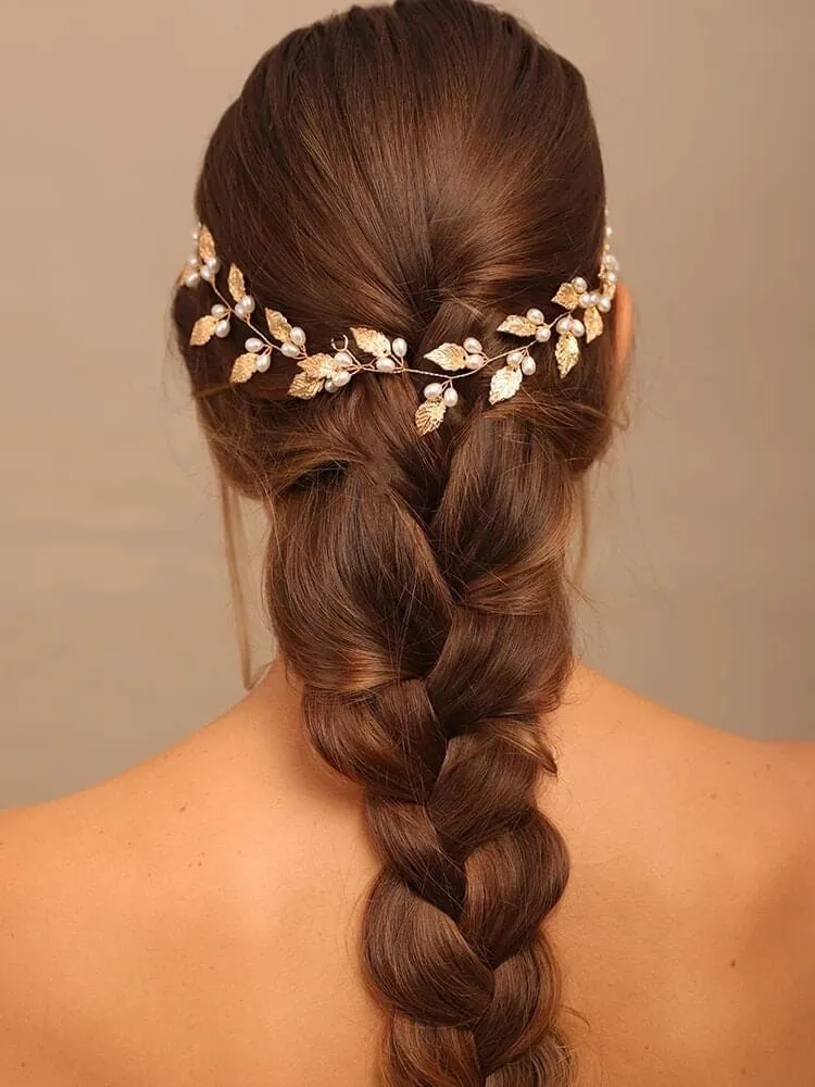 Bridal Leaf Pearl Hair Vine, Wedding Pearl Hair Garland Headband, Bridal Leaf 60 CM Pearl Hair Wire Head Wreath