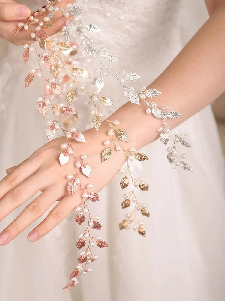 Bridal Leaf Pearl Hair Vine, Wedding Pearl Hair Garland Headband, Bridal Leaf 60 CM Pearl Hair Wire Head Wreath