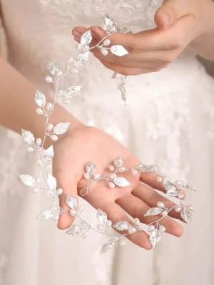 Bridal Leaf Pearl Hair Vine, Wedding Pearl Hair Garland Headband, Bridal Leaf 60 CM Pearl Hair Wire Head Wreath