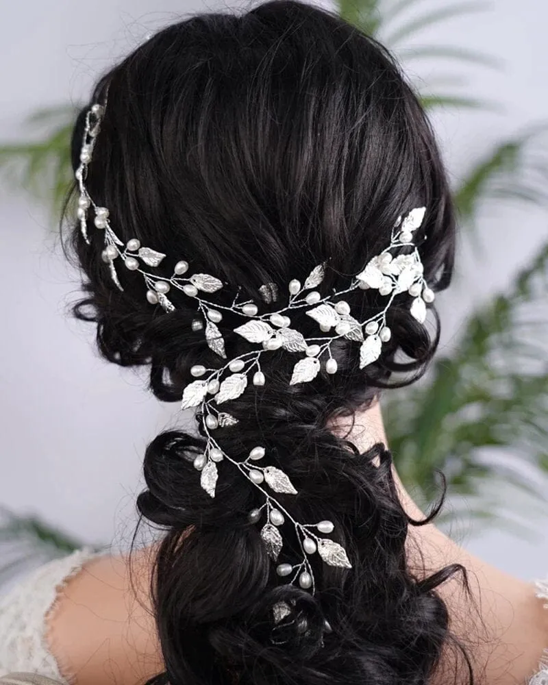 Bridal Leaf Pearl Hair Vine, Wedding Pearl Hair Garland Headband, Bridal Leaf 60 CM Pearl Hair Wire Head Wreath