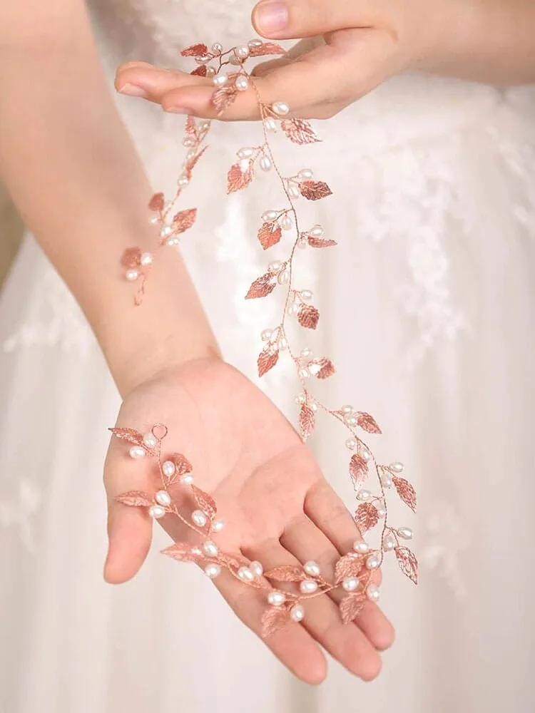 Bridal Leaf Pearl Hair Vine, Wedding Pearl Hair Garland Headband, Bridal Leaf 60 CM Pearl Hair Wire Head Wreath