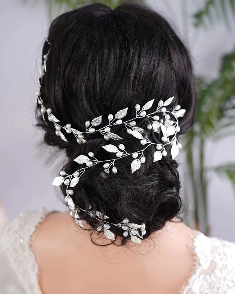 Bridal Leaf Pearl Hair Vine, Wedding Pearl Hair Garland Headband, Bridal Leaf 60 CM Pearl Hair Wire Head Wreath