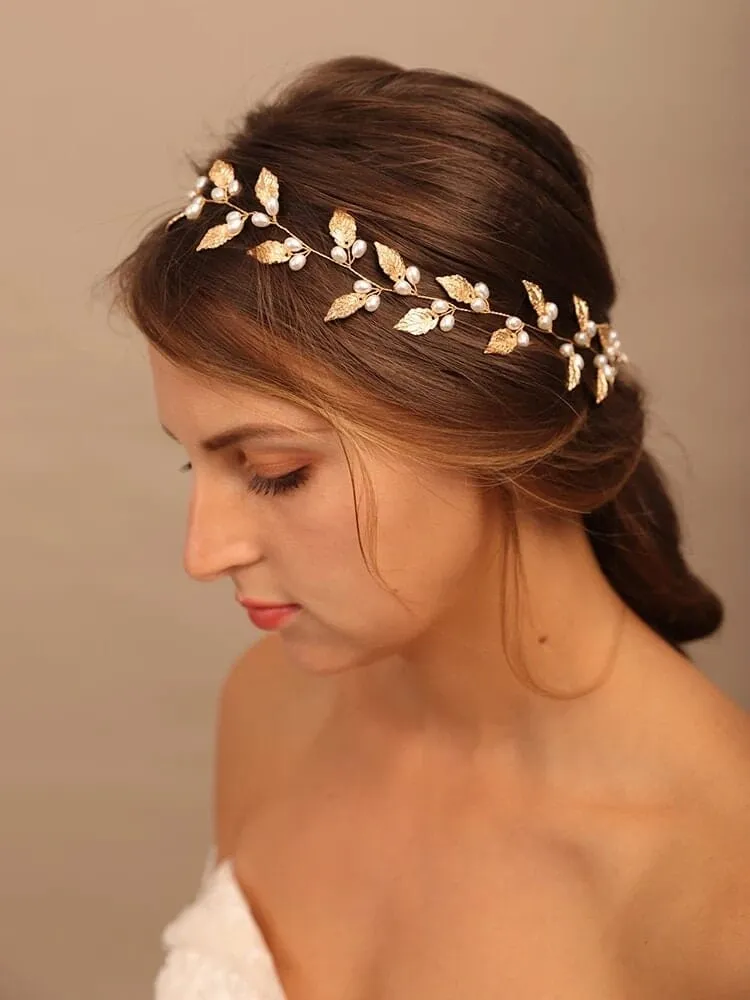 Bridal Leaf Pearl Hair Vine, Wedding Pearl Hair Garland Headband, Bridal Leaf 60 CM Pearl Hair Wire Head Wreath