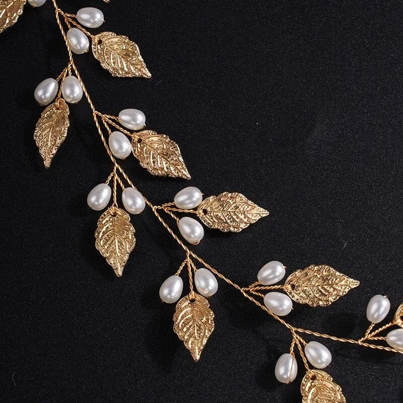 Bridal Leaf Pearl Hair Vine, Wedding Pearl Hair Garland Headband, Bridal Leaf 60 CM Pearl Hair Wire Head Wreath