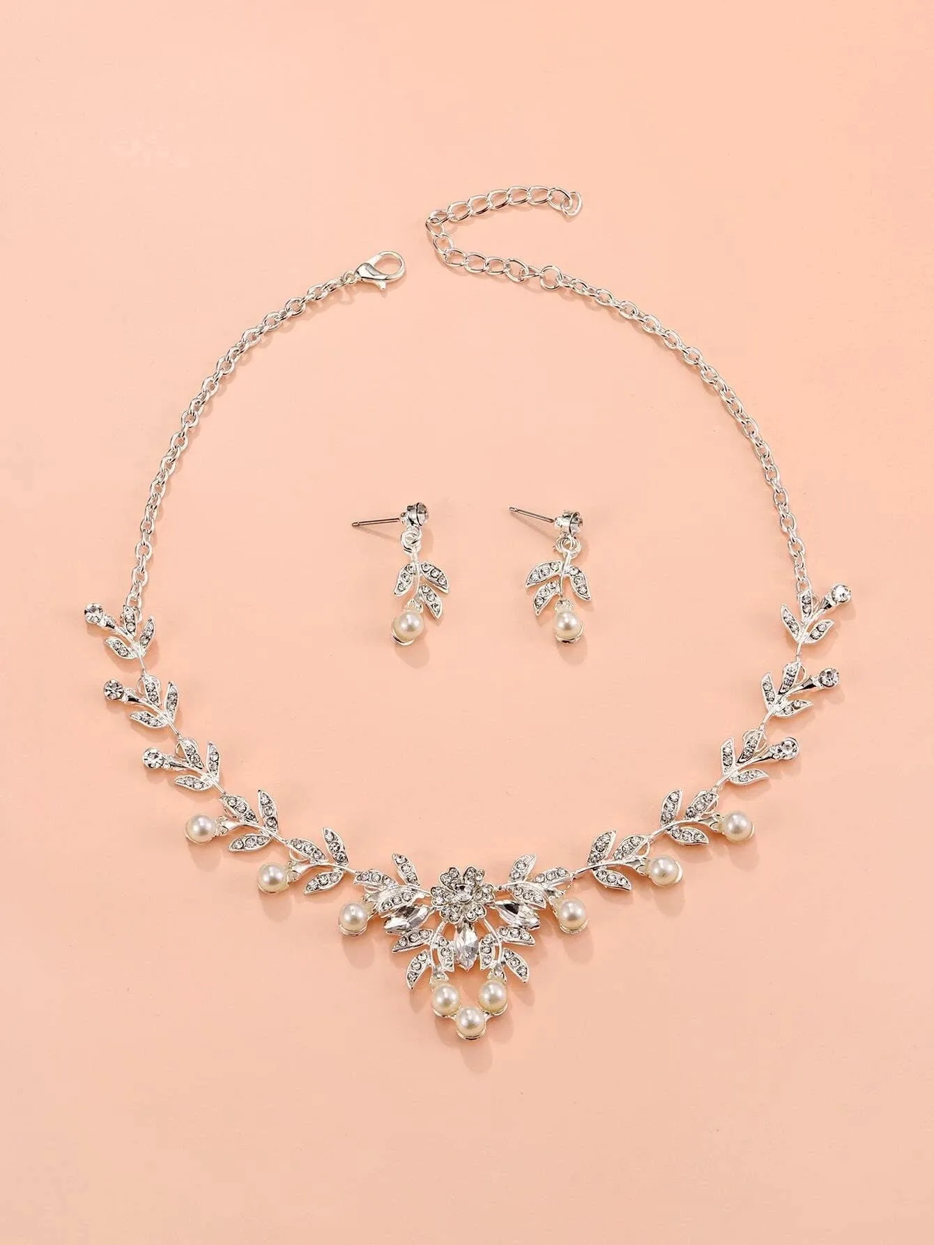 Bridal Pearl Necklace and Earrings 3 PC Jewelry Set, Wedding Crystal V-Necklace and Ear Studs Pearl Jewelry Set
