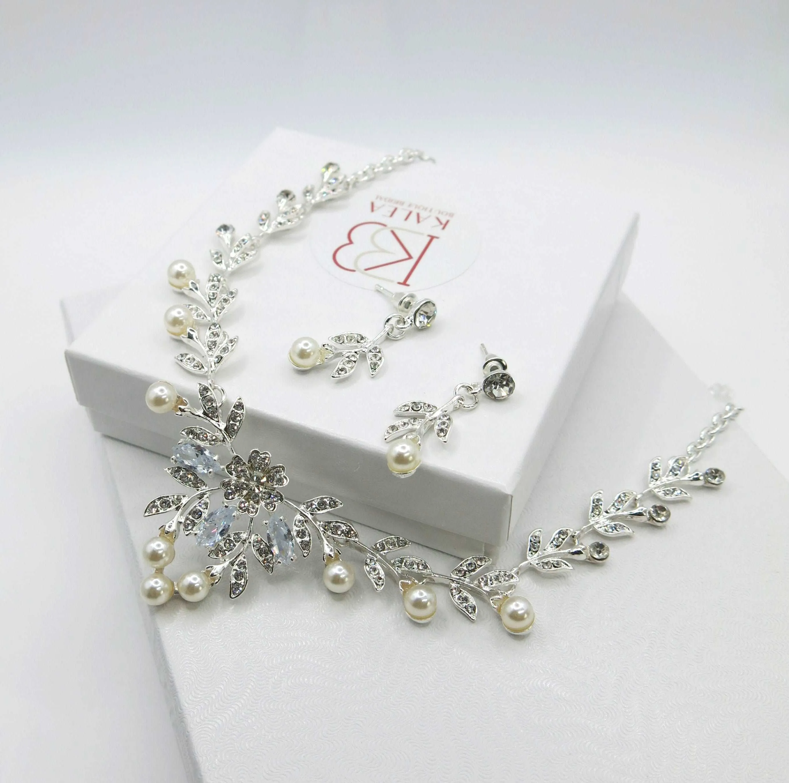 Bridal Pearl Necklace and Earrings 3 PC Jewelry Set, Wedding Crystal V-Necklace and Ear Studs Pearl Jewelry Set
