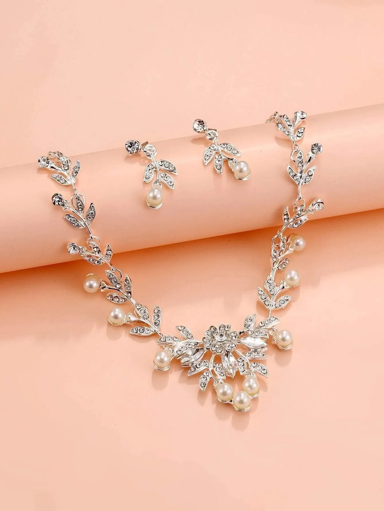 Bridal Pearl Necklace and Earrings 3 PC Jewelry Set, Wedding Crystal V-Necklace and Ear Studs Pearl Jewelry Set