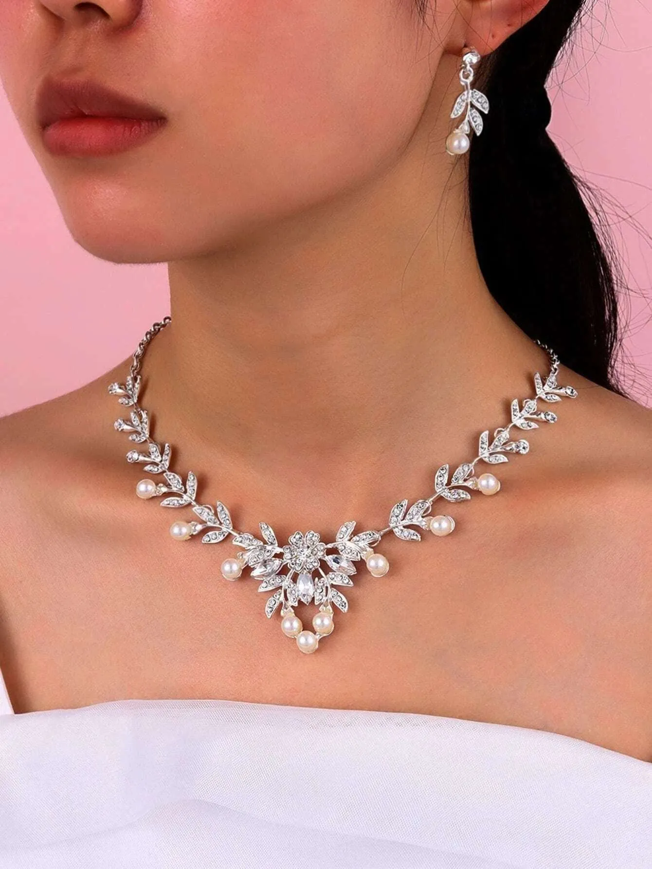Bridal Pearl Necklace and Earrings 3 PC Jewelry Set, Wedding Crystal V-Necklace and Ear Studs Pearl Jewelry Set