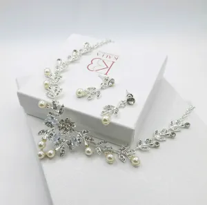 Bridal Pearl Necklace and Earrings 3 PC Jewelry Set, Wedding Crystal V-Necklace and Ear Studs Pearl Jewelry Set