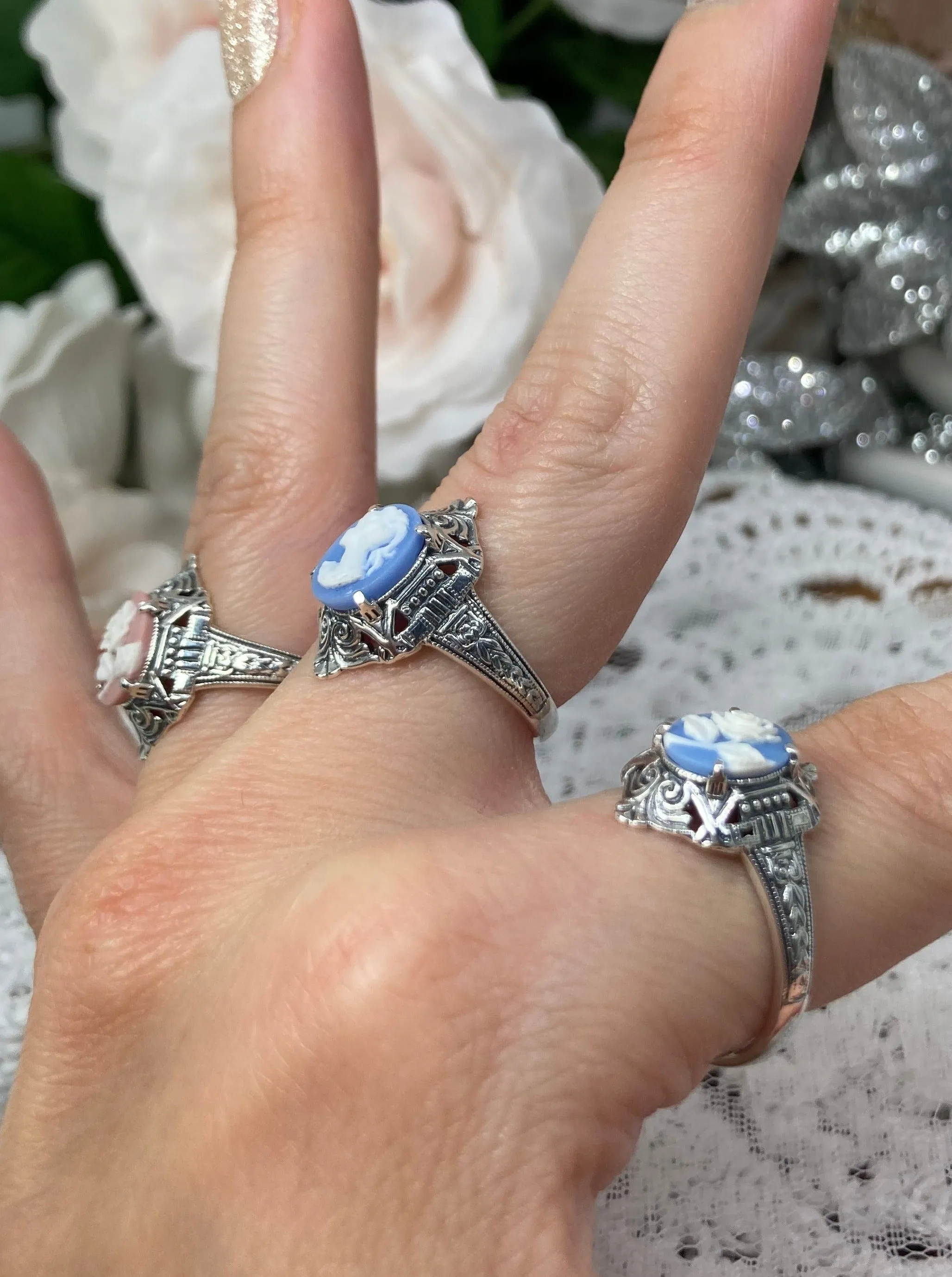 Cameo Ring | Blue & White Rose, Silver Filigree, Art Deco Jewelry, Cleopatra D209