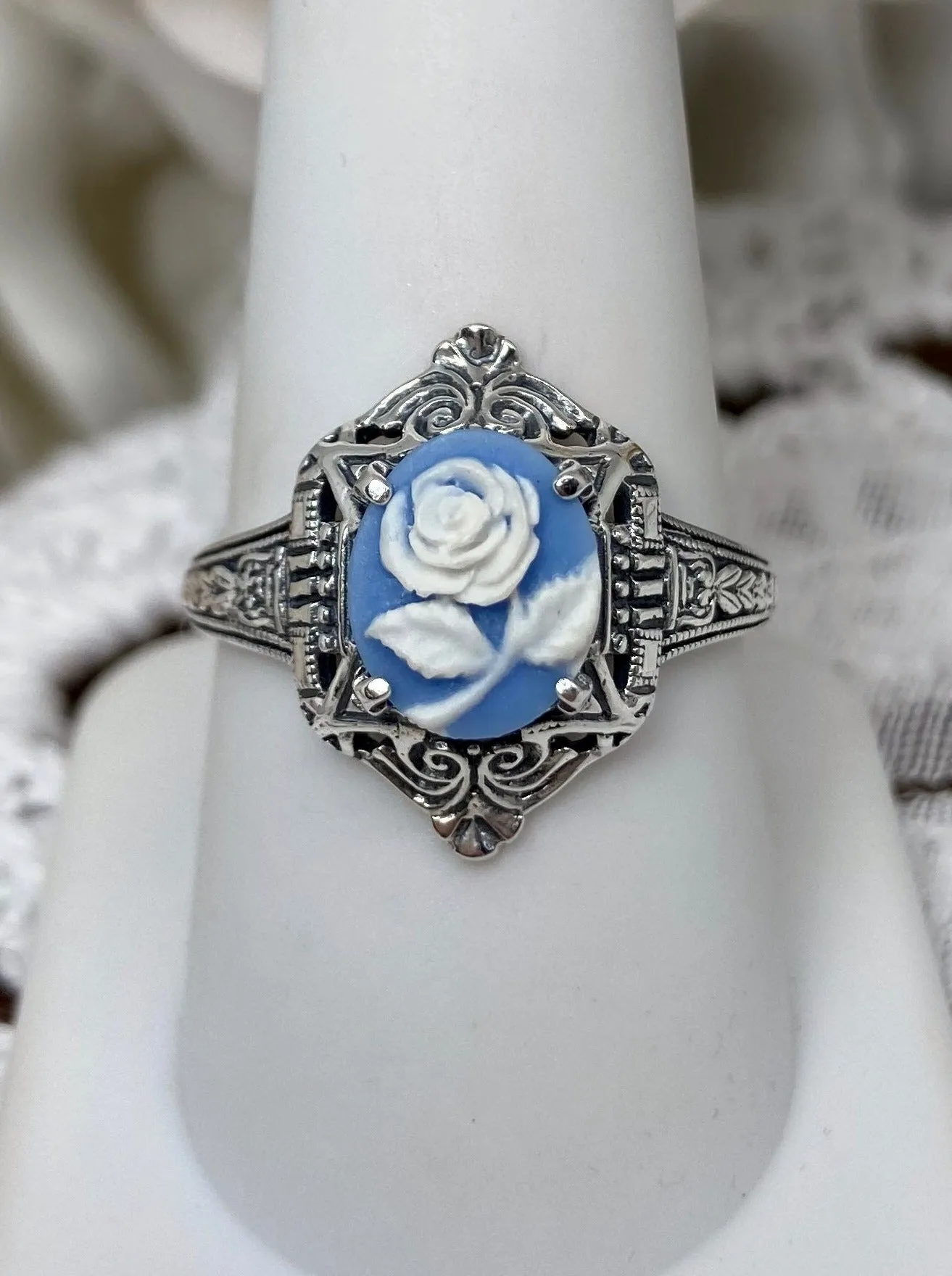 Cameo Ring | Blue & White Rose, Silver Filigree, Art Deco Jewelry, Cleopatra D209