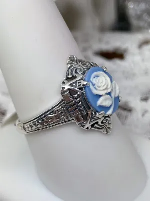 Cameo Ring | Blue & White Rose, Silver Filigree, Art Deco Jewelry, Cleopatra D209