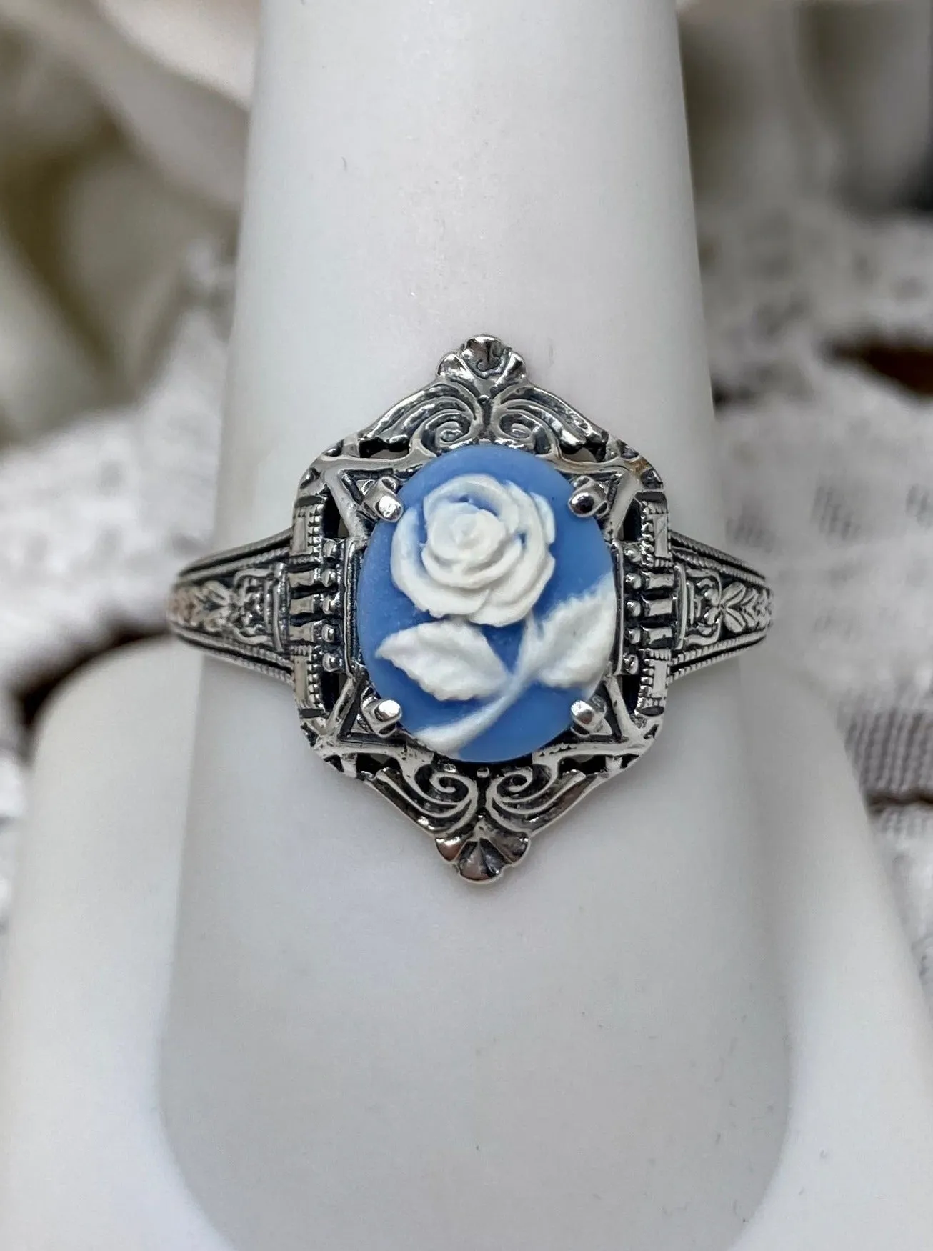 Cameo Ring | Blue & White Rose, Silver Filigree, Art Deco Jewelry, Cleopatra D209