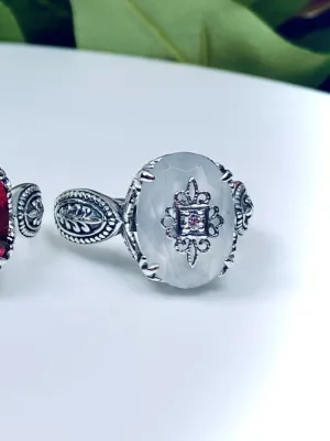 Camphor Glass Gothic Ring, Embellished Gemstone, Dragon Filigree, Vintage Jewelry Design#D133e