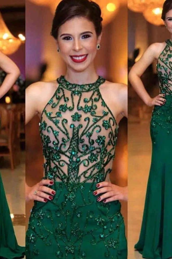 Chic Sleeveless Round Neck Beading Prom Dresses With Open Back Dark Green Evening Gowns